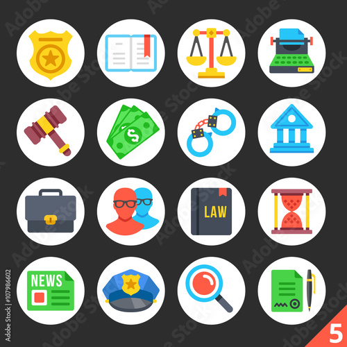 Round flat icons for web sites, mobile apps, web banners, infographics. Premium quality design illustrations. Law, police, justice concepts. Modern flat vector icons set 5