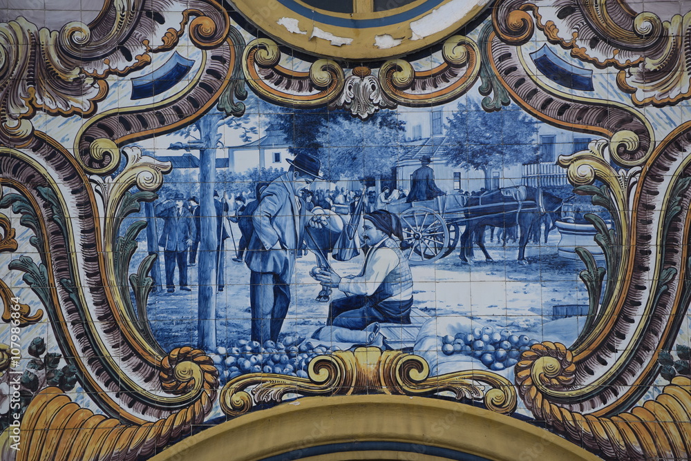 Detail of a tiles panel, market building, Santarém, Portugal