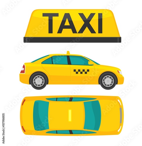Taxi car. View top and side. Flat styled vector illustration. Isolated on white background.