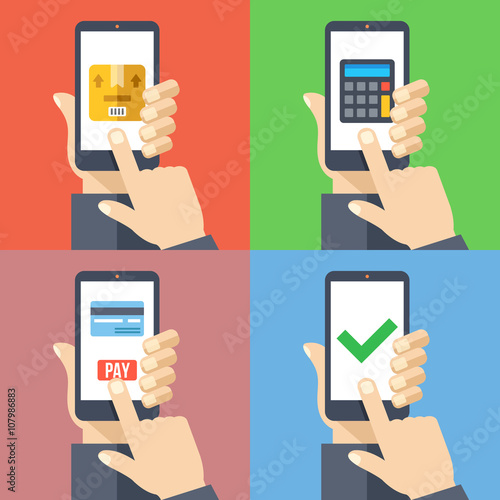 Hands with smartphones 4 banners set. Order goods with smartphone, pay online, shipping cost calculator modern concepts