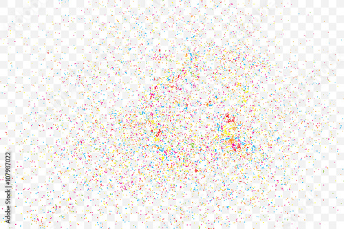 Colorful explosion of confetti. Isolated on transparent background. Colored glitter and sprinkles. Grainy abstract holiday illustration. Multi colored texture.