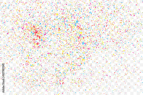 Colorful explosion of confetti. Isolated on transparent background. Colored glitter and sprinkles. Grainy abstract holiday illustration. Multi colored texture.
