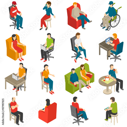Sitting People Isometric Icon Set