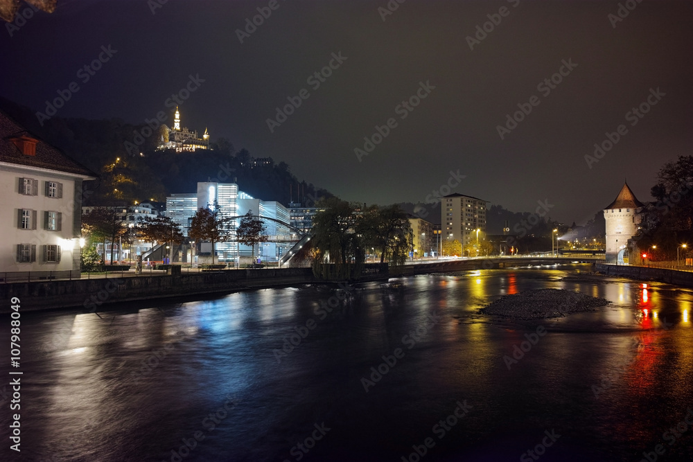 Panoramic Night photo of old town of City of Lucern and Reuss River, Canton of Lucerne, Switzerland