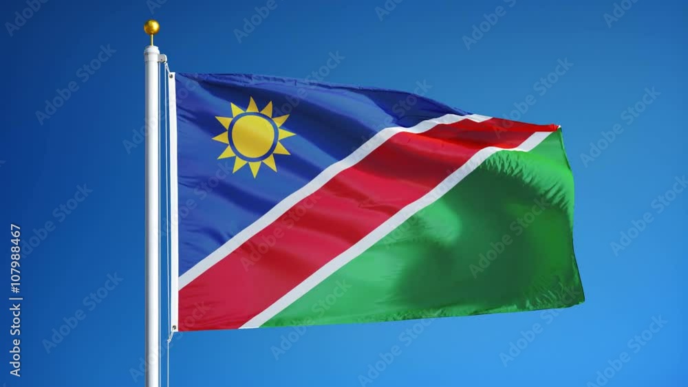 Namibia flag waving in slow motion against clean blue sky, seamlessly looped, close up, isolated on alpha channel with black and white luminance matte, perfect for film, news, digital composition Namibia flag waving in slow motion against clean blue sky, seamlessly looped, close up, isolated on alpha channel with black and white luminance matte, perfect for film, news, digital composition