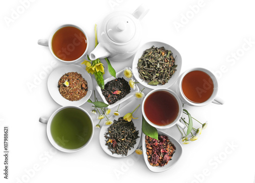 Different sorts of tea on white background