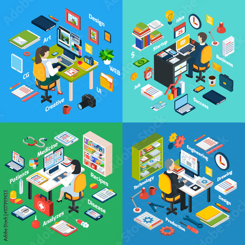  Professional Workplace Isometric 4 Icons Square 