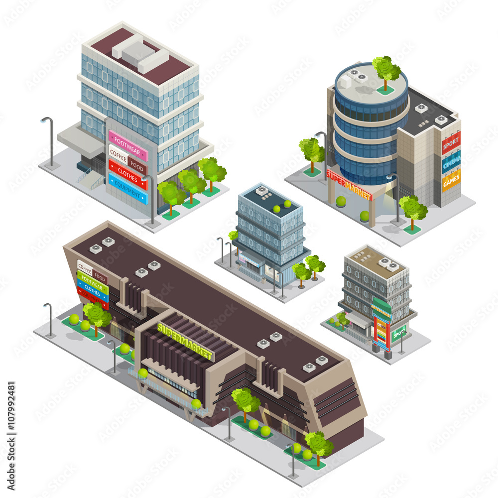 Shopping Center Buildings Complex Isometric Composition 