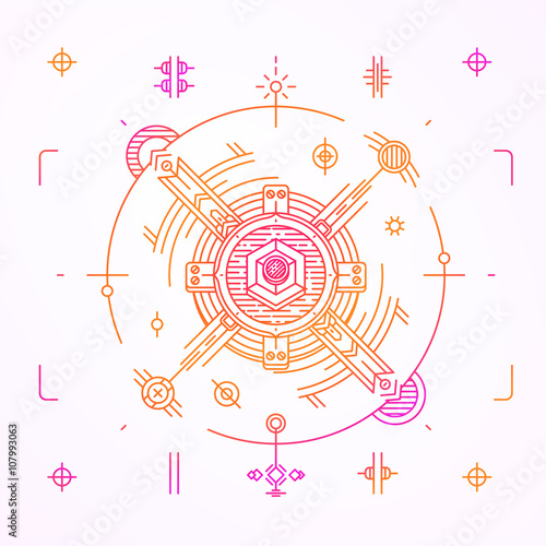 Modern thin line space design. Outline cosmic symbol. Simple mono linear abstract illustration. Stroke vector logo concept for web graphics.