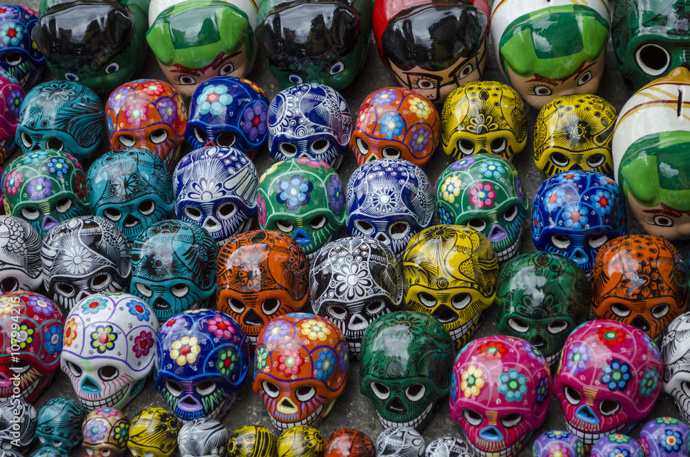 Traditional mexican souvenir skulls on the market