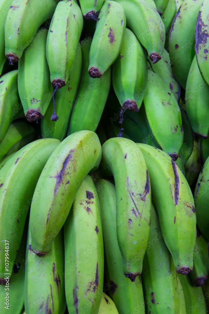 green raw bananas closeup