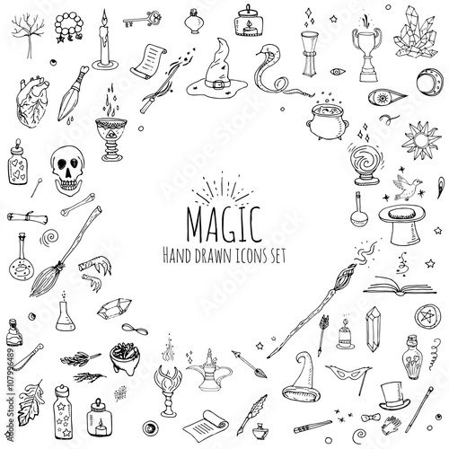 Hand drawn doodle Magic set Vector illustration wizardy, witchcraft symbols Isolated icons collections Cartoon sorcery concept elements Magic wand Love potion Fairy book Fairy tale Snake Crystal ball
