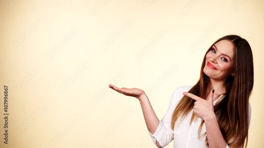 Woman holds empty hand copy space for product 4K Woman holds empty hand copy space for product 4K