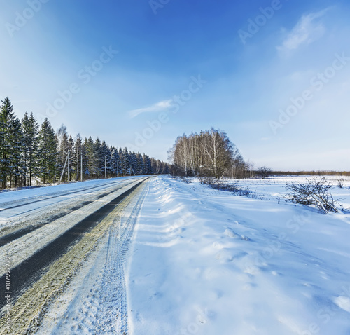 Snow-covered winter road to Moscow area