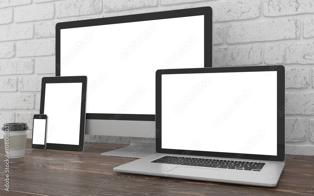 Fototapeta premium Responsive mockup screen. Monitor, laptop, tablet, phone on table in office. 3d rendering.