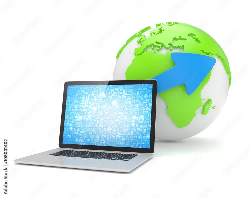 Laptop network and earth globe. 3d render Laptop network and earth globe. 3d render