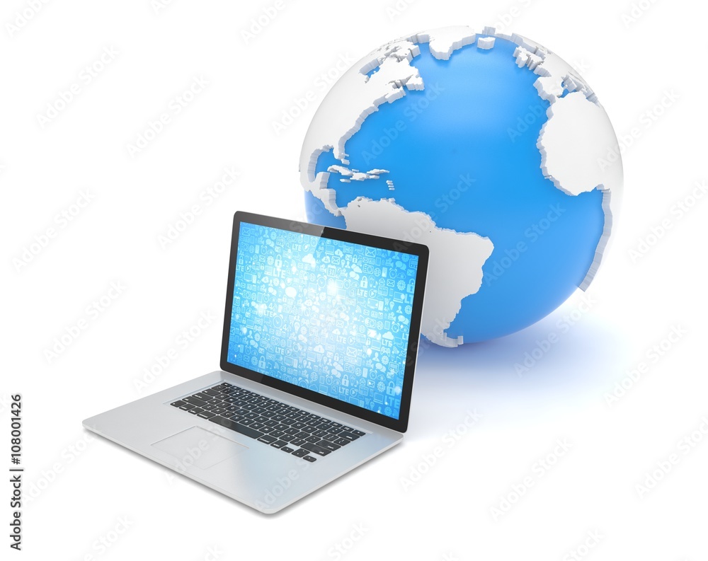 Laptop network and earth globe. 3d render Laptop network and earth globe. 3d render
