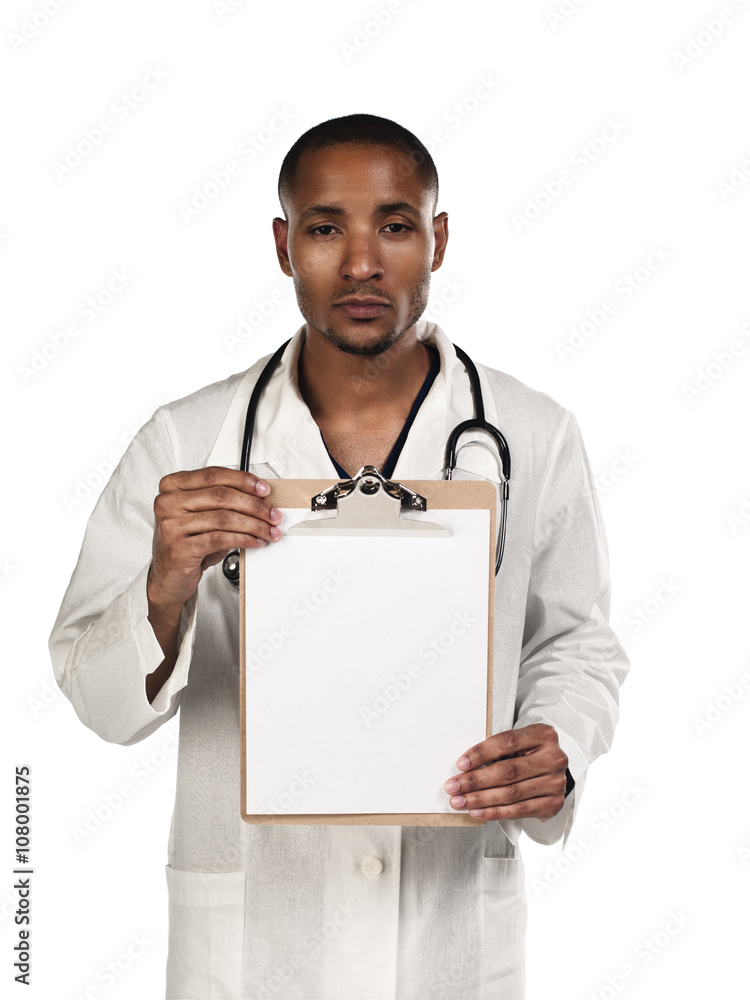 portrait of a young doctor displaying his clipboard. portrait of a young doctor displaying his clipboard.