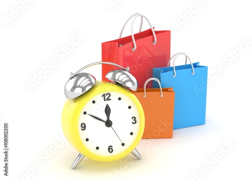 alarm clock and shopping bag (time to buy concept). 3d rendering.