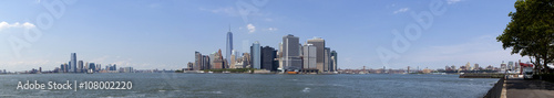 Panoramic of lower Manhattan in New York City showing the new World Trade Center Freedom Tower, Jersey City (left) , lower Manhattan (center), Brooklyn (right) 