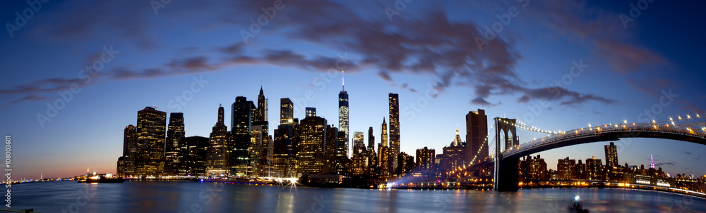 Panoramic of lower Manhattan in New York City showing the new World Trade Center Freedom Tower just after sunset,

Summer 2014

5 pictures were used to make this large panoramic image
