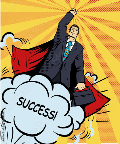 Businessman super hero flying with briefcase. Vector illustration in retro pop art style. Business success comic concept