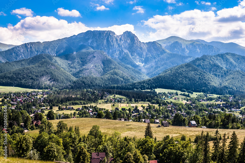 Landscape of Tatra Mountains, view at Zakopane from the top of Gubalowka