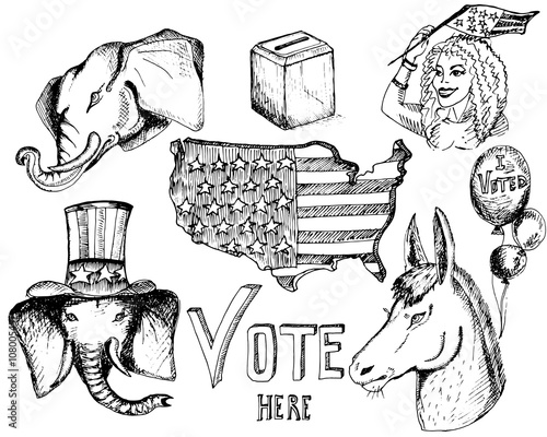 Hand drawn sketches.Elephant and donkey. Symbols of Democrats and Republicans political parties in United States. Illustration for election, debate America. USA flag, the ballot box, balloons, girl. photo