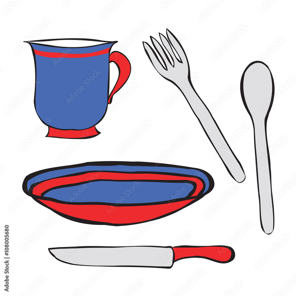 Tableware cartoon vector colored. A simple spoon, a plate, fork, knife and  Cup. Table setting contours. Stock Vector | Adobe Stock