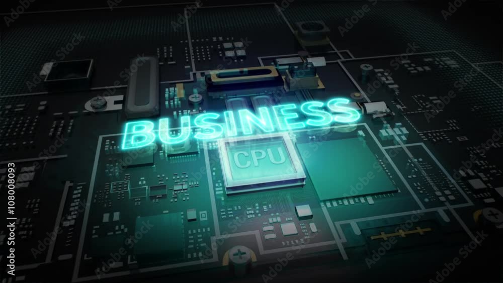 Hologram typo 'BUSINESS' on CPU chip circuit, grow artificial intelligence technology.