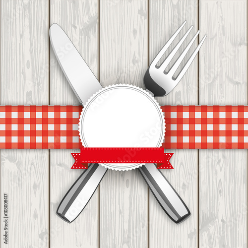 Wood Checked Table Cloth Emblem Knife Fork