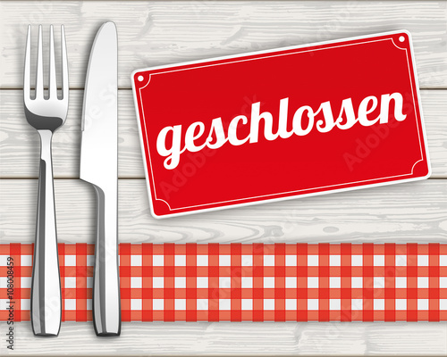 Wood Checked Cloth Knife Fork Sign Geschlossen