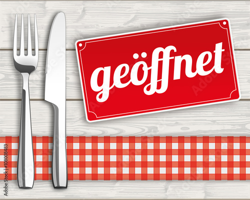 Wood Checked Cloth Knife Fork Sign Geoeffnet