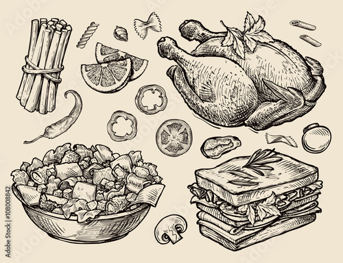 fast food. Hand drawn grilled chicken, salad, sandwich, vermicelli, mushrooms, carrot sticks, tomatoes, peppers. Sketch vector illustration