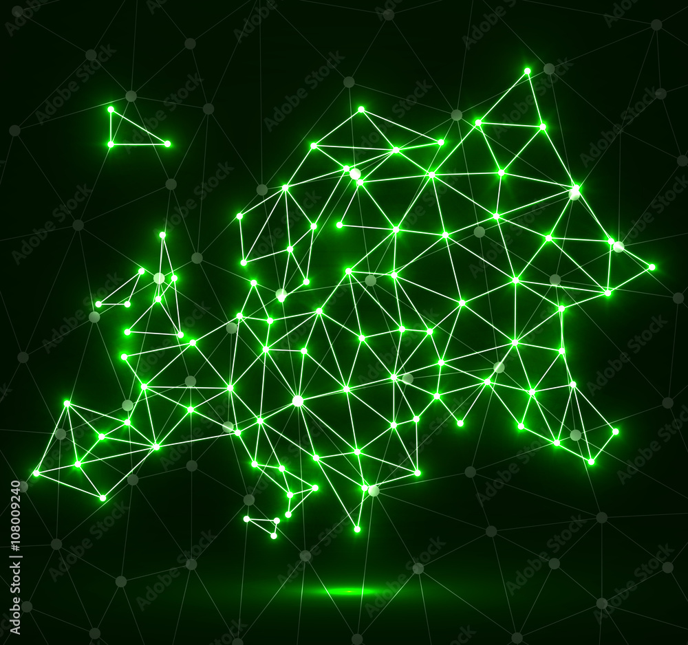 Polygonal map of Europe with dots and lines, network connections, vector illustration