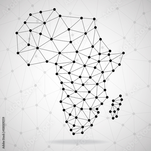 Abstract polygonal Africa map with dots and lines, network connections, vector illustration