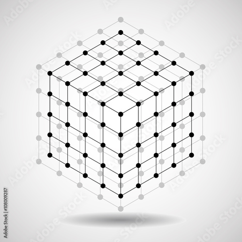 Cube of lines and dots, molecular lattice, geometric shape, network connection, vector illustration