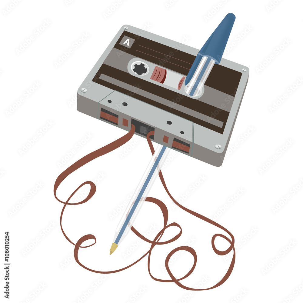 Cinta Cassette antigua rebobinada con un bolígrafo como en los años 80  vector de Stock | Adobe Stock