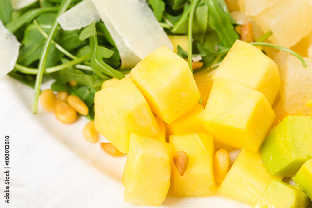 Jumbo shrimp salad with mango and arugula. Jumbo shrimp salad with mango and arugula.