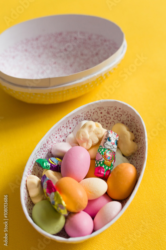 Photography Easter egg box with candy and chocolate, scandinavian tradition