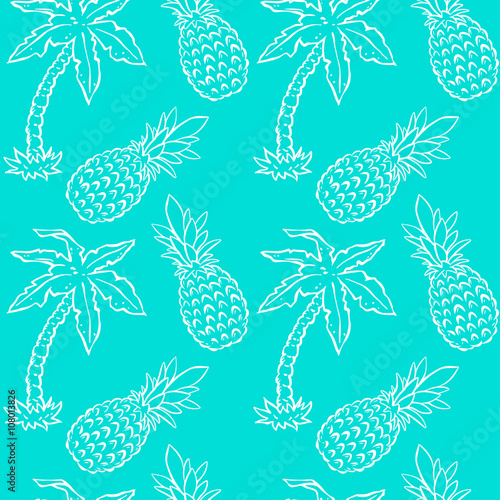 Seamless pattern with palm trees, pineapples