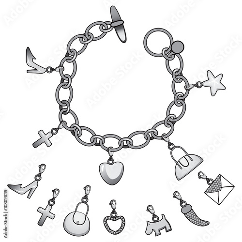 Illustration of beautiful silver bracelet full of cute charms