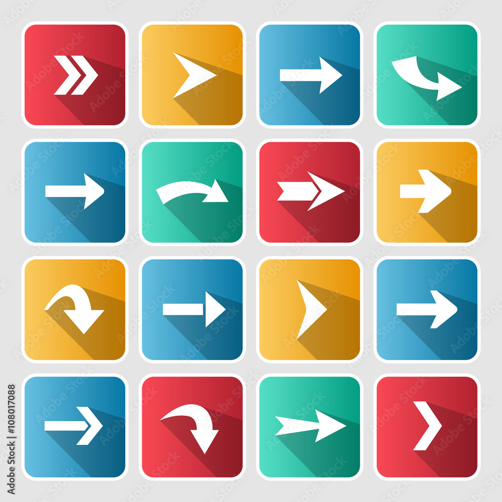 Colorful arrow rounded square icon set. Colorful arrow rounded square icon set.