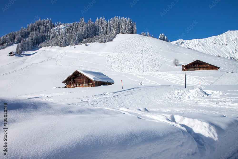 Farmhouse in the Swiss Alps and snow covered mountains