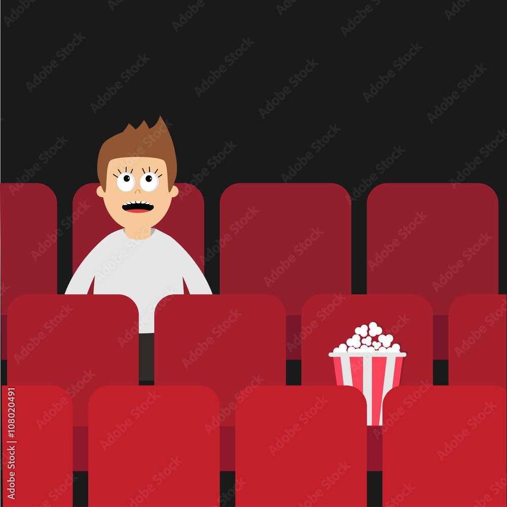 Cartoon man boy character sitting in movie theater. Film show Cinema  background. Viewer watching movie. Popcorn box on red seat. Flat design  Stock Vector | Adobe Stock