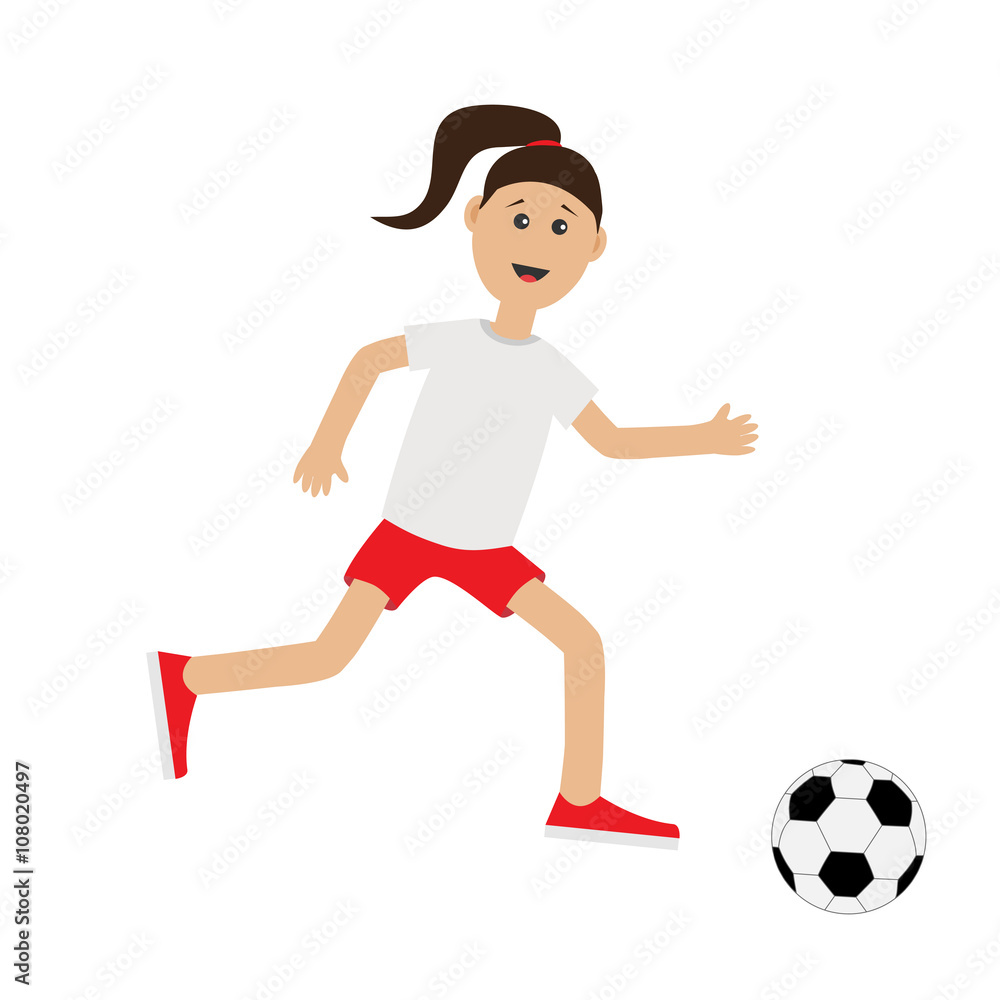 Funny cartoon running girl with soccer ball.  Football player. Cute run woman Runner Fitness workout running female character  Isolated White background. Flat design