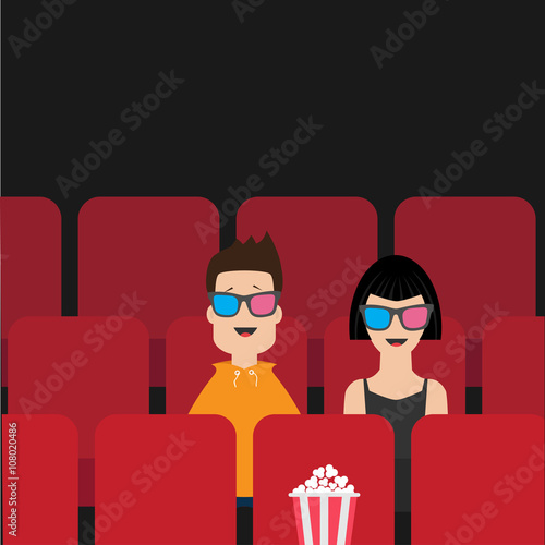 Love couple sitting in movie theater. Film show Cinema background. Viewers watching movie in 3D glasses. Popcorn box on red seat. Flat design