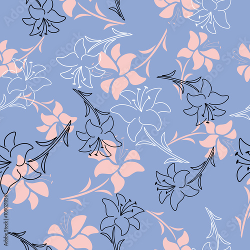 Lilies seamless pattern in trendy colors Rose quartz and serenity. Background, texture, textile, fabric