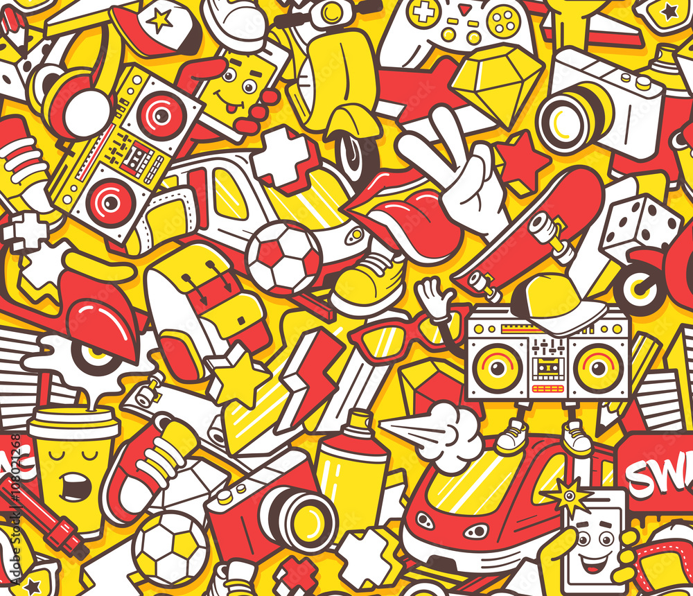 Graffiti seamless pattern with line icons collage