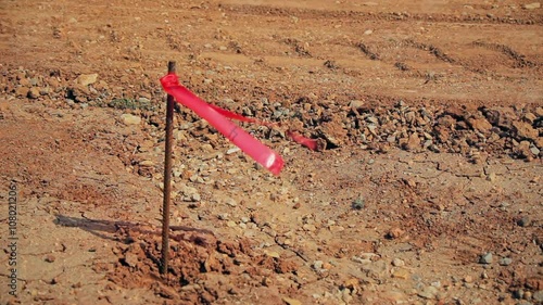 Metal survey peg with red flag on construction site.